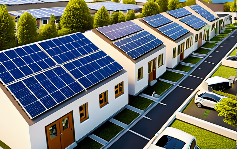 **

A vibrant neighborhood scene showcasing rooftop solar panels on houses, small wind turbines integrated into the community, and electric vehicles charging at public stations. The image should emphasize sustainability and energy independence. Focus on the reduction of air pollution and greenhouse gas emissions, depicting clean energy sources powering daily life, and the positive impact on the environment.

**